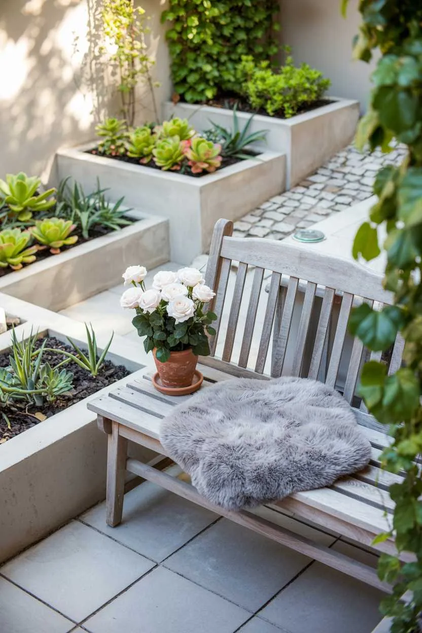 Simple wooden bench with grey cushion, white roses in terracotta pot, concrete planters with succulents
