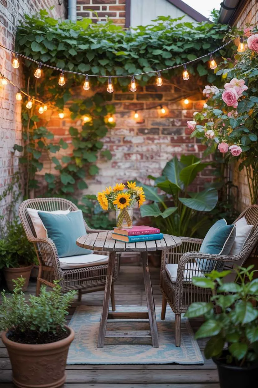 Rustic wooden table with sunflowers and books, wicker chairs with teal cushions, string lights overhead