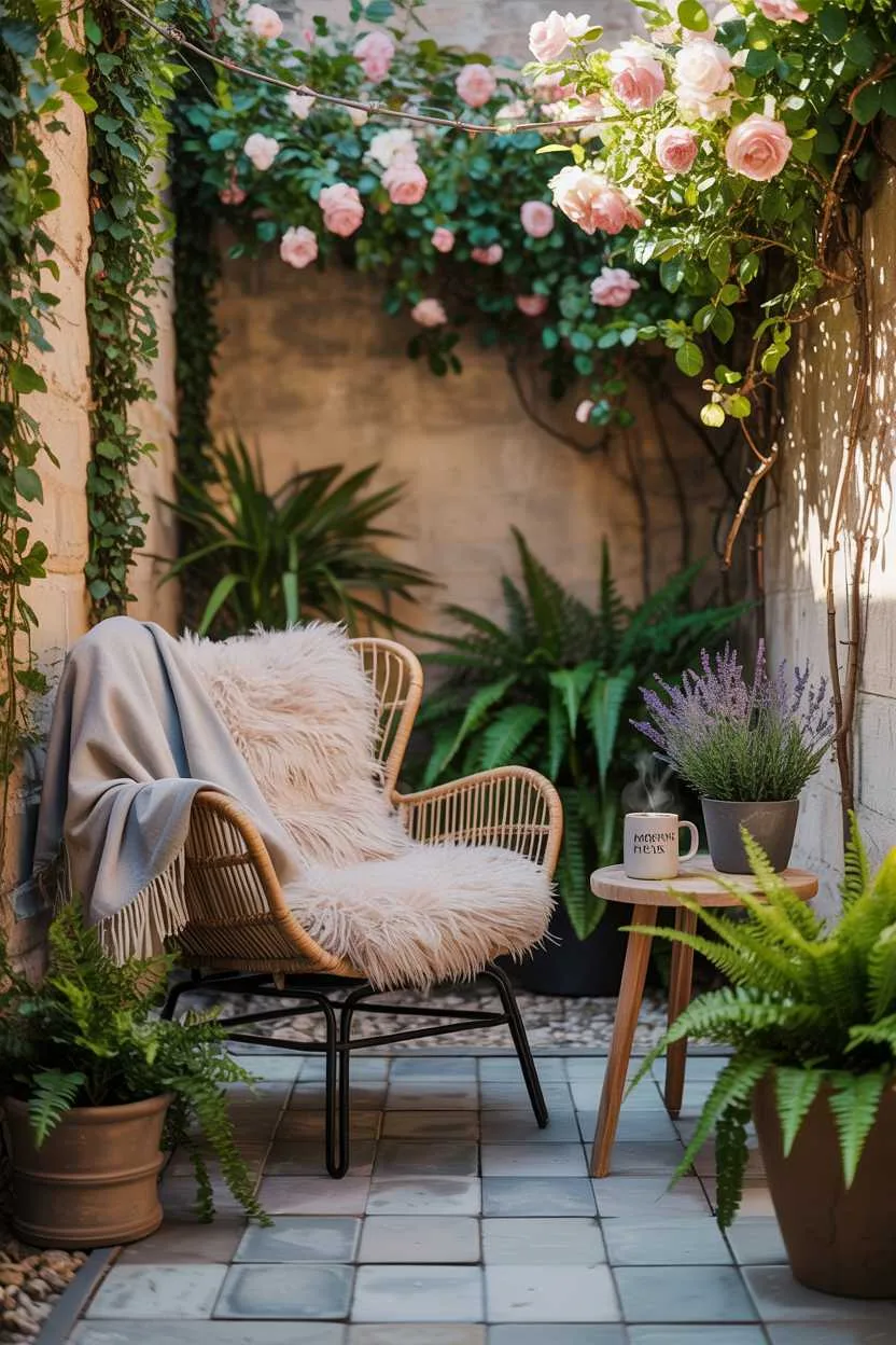 Rattan chair with cream cushion and grey throw, wooden side table with morning dew mug, surrounded by lush greenery