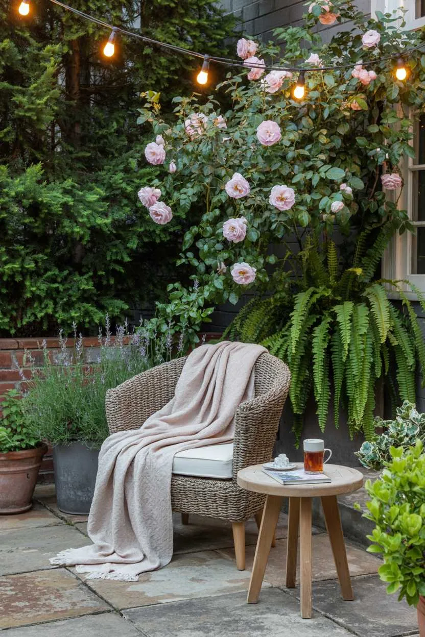 Woven armchair with cream throw and tea cup, lavender plants, cascading ferns, and pink rose bush under string lights