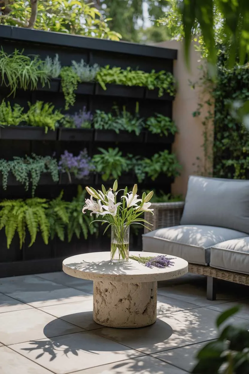 Circular stone table with white lilies, light grey outdoor sofa facing vertical herb and fern wall