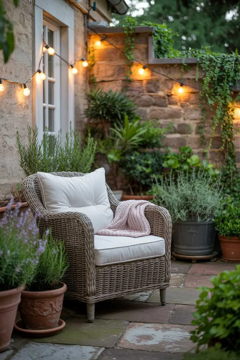 Wicker armchair with cream cushion and knitted throw on stone patio, surrounded by potted herbs under string lights
