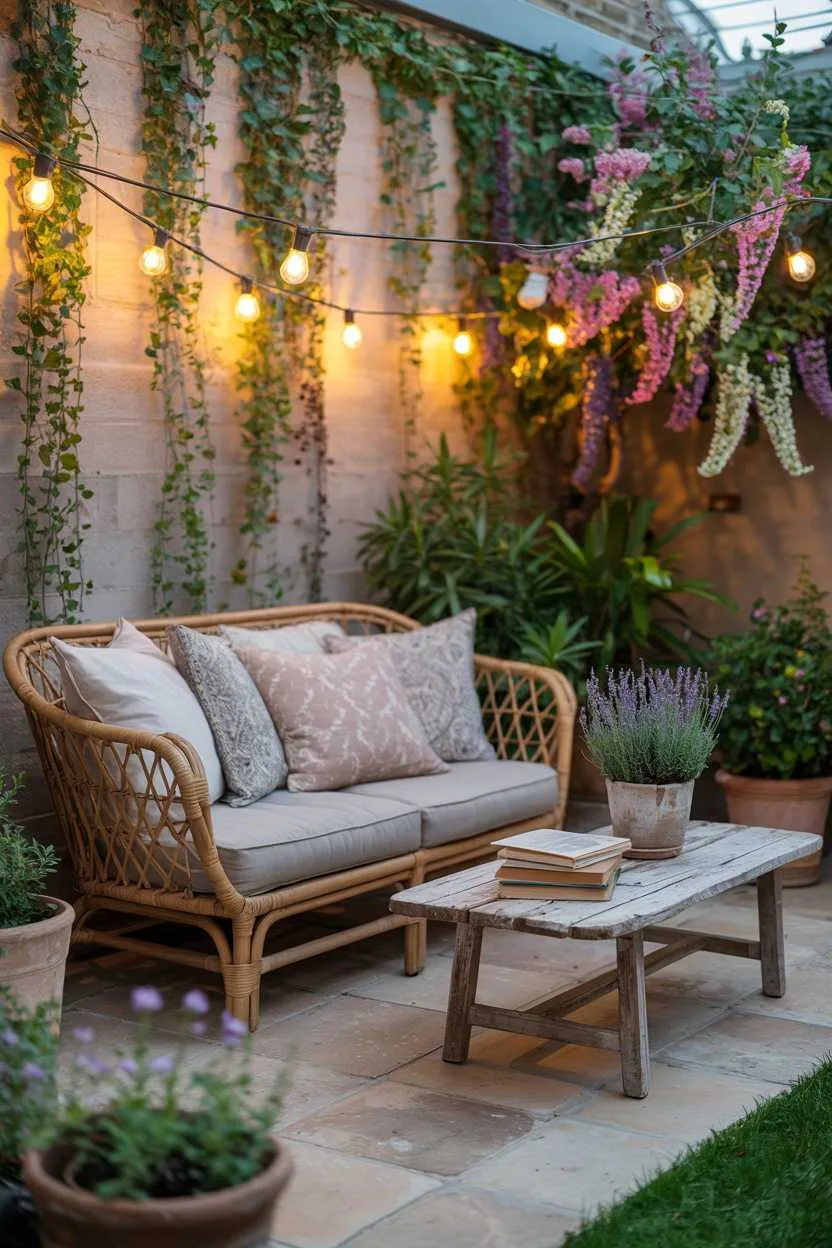 Rattan sofa with patterned cushions beside wooden coffee table, vertical garden wall with trailing vines