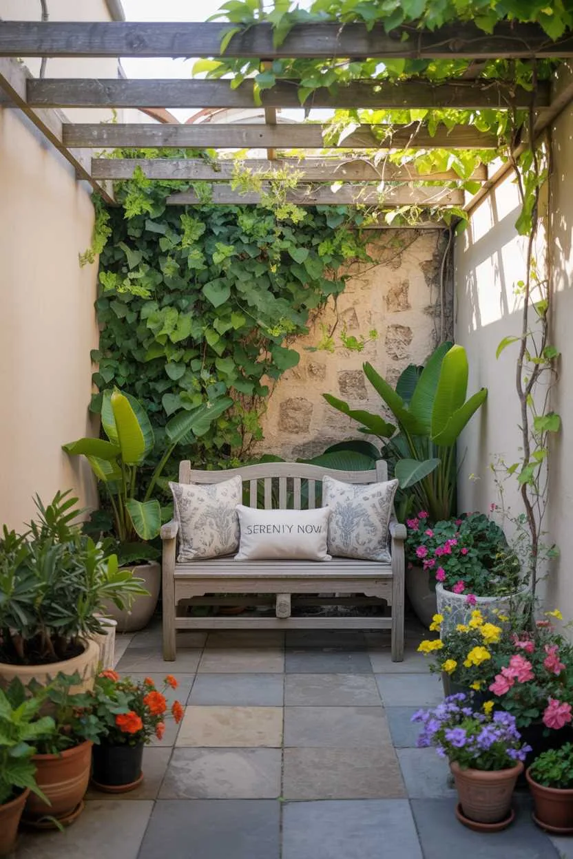 Wooden bench with patterned cushions reading 'serenity now' surrounded by climbing vines and colorful potted flowers
