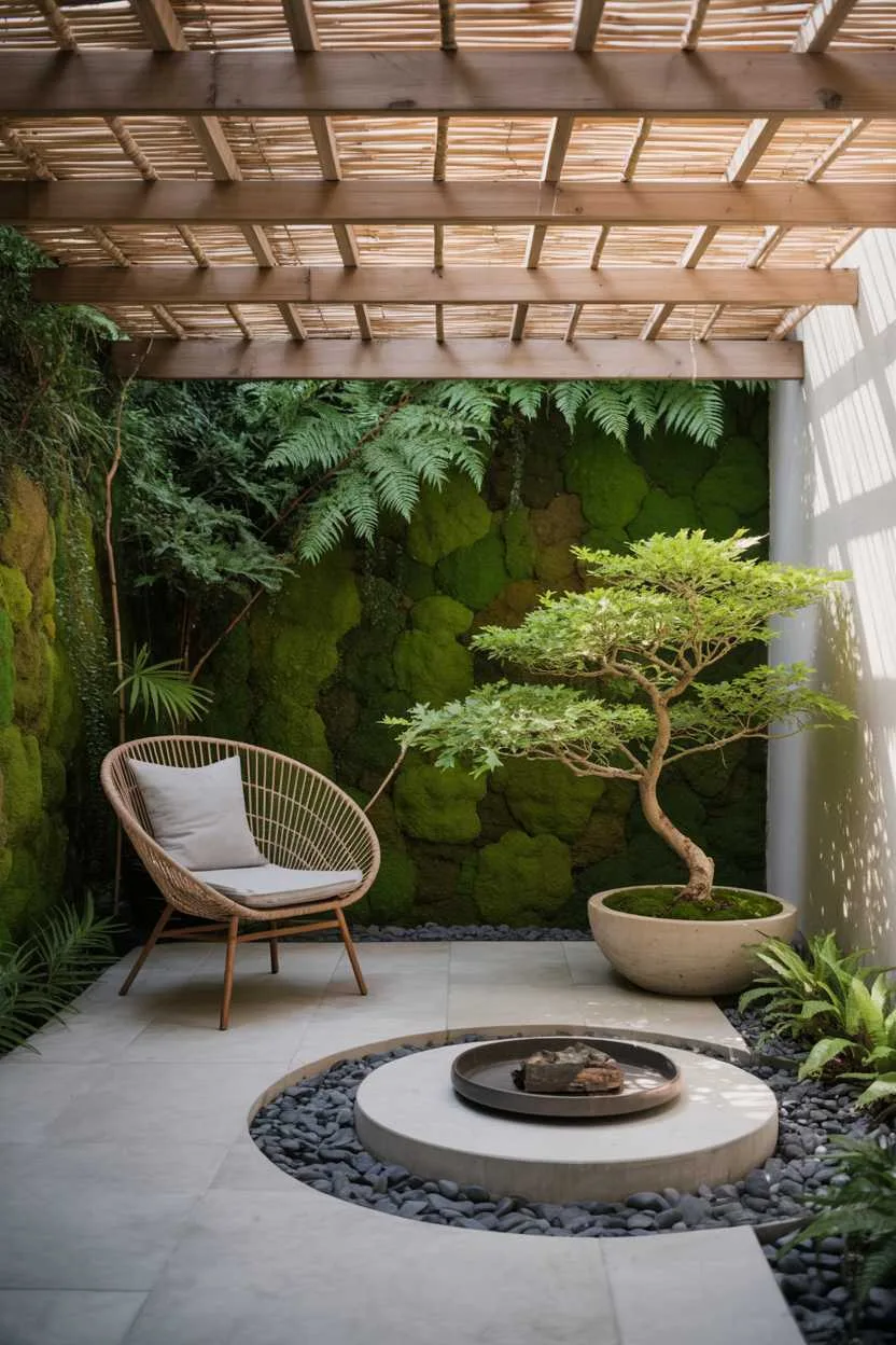 Modern patio with circular fire pit surrounded by stone pebbles, bonsai maple tree, and bamboo screen