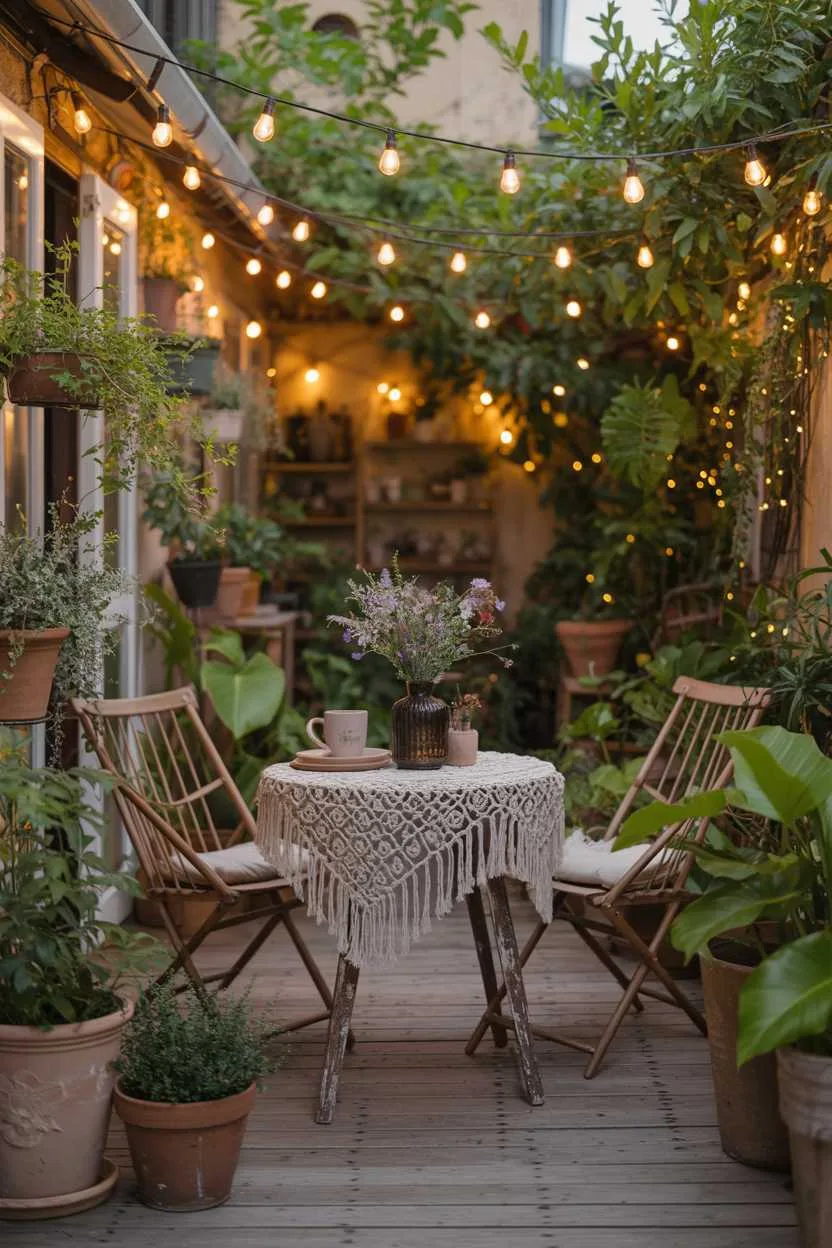 Round weathered wood table with macrame tablecloth and wildflower vase, surrounded by trailing plants under twinkling lights