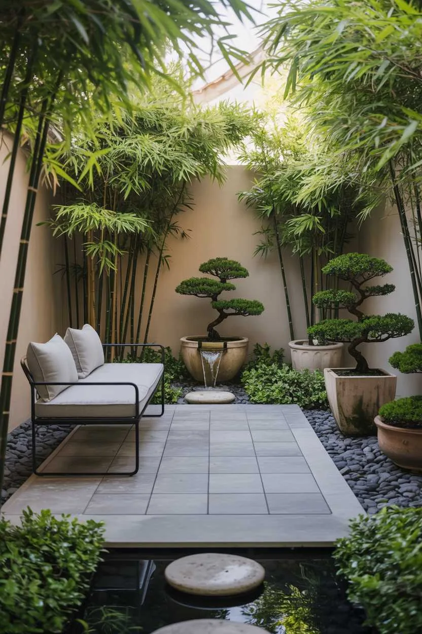 Square stone patio with black steel bench, arranged bamboo and bonsai trees, small water feature