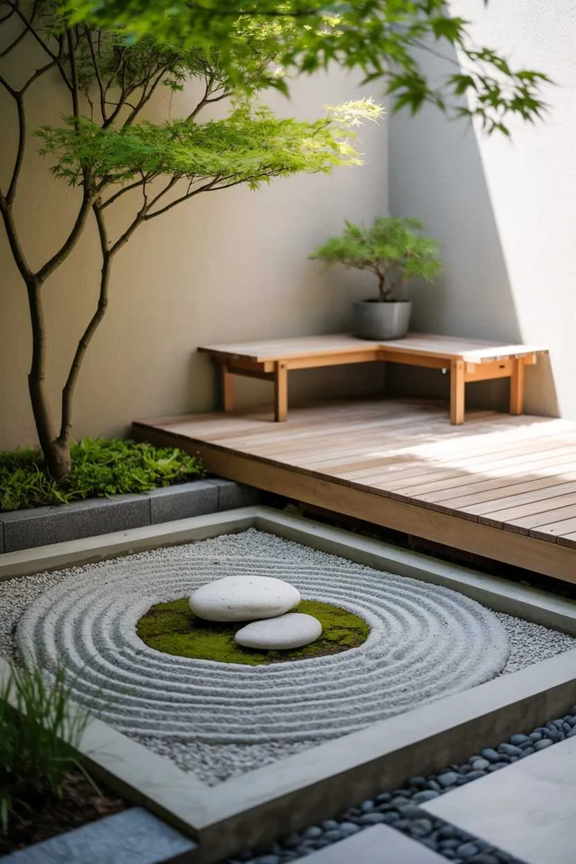 Minimalist concrete zen garden with raked patterns, river stones, wooden deck with low bench, and Japanese maple