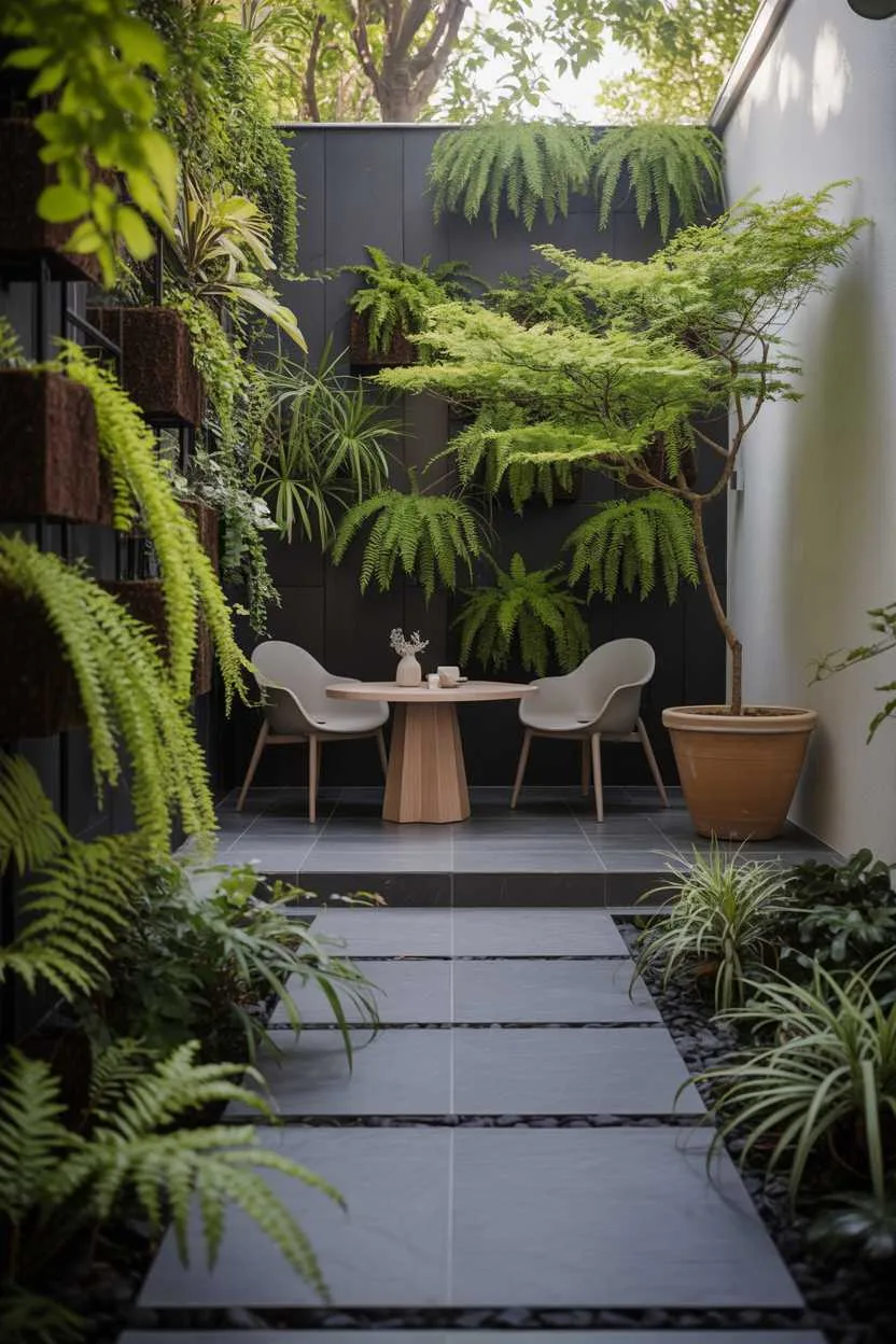 Dark grey stone path leading to light wood table and modern chairs, vertical fern wall, Japanese maple in terracotta pot