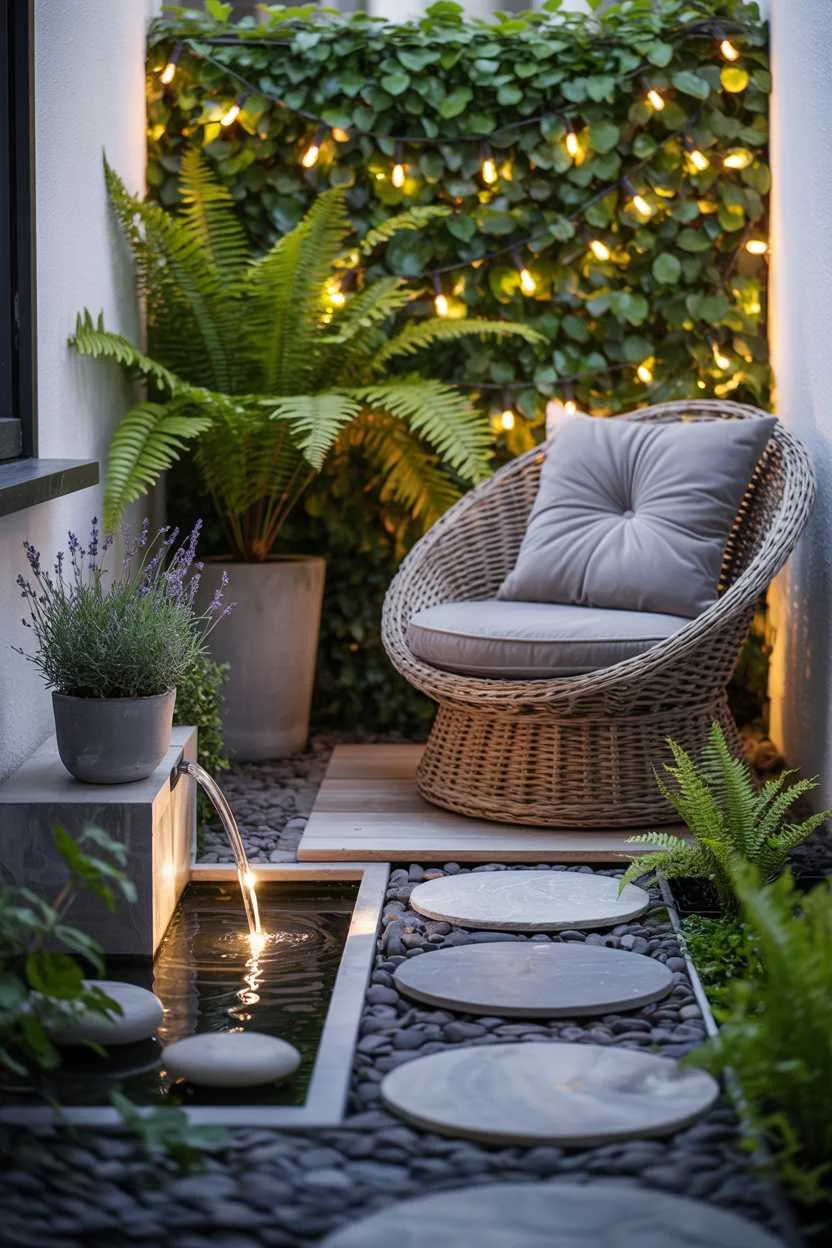 Wicker chair with grey cushions, stone pathway to minimalist fountain, lush ferns and lavender under string lights