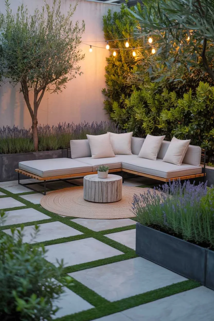 Grey sectional sofa with cream cushions on patterned concrete, circular reclaimed wood coffee table, potted olive trees