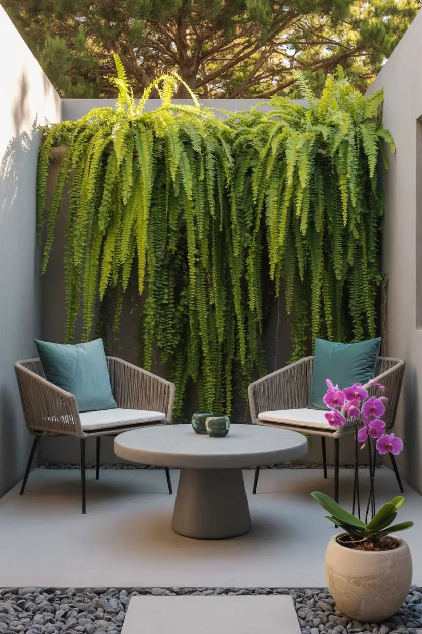 Gray concrete table with modern wicker chairs and teal pillows, vertical fern wall, purple orchid in ceramic pot