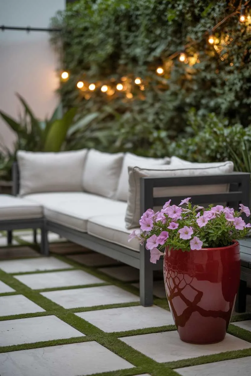 Charcoal grey sectional with cream cushions on geometric concrete pavers, red ceramic planter with cascading petunias