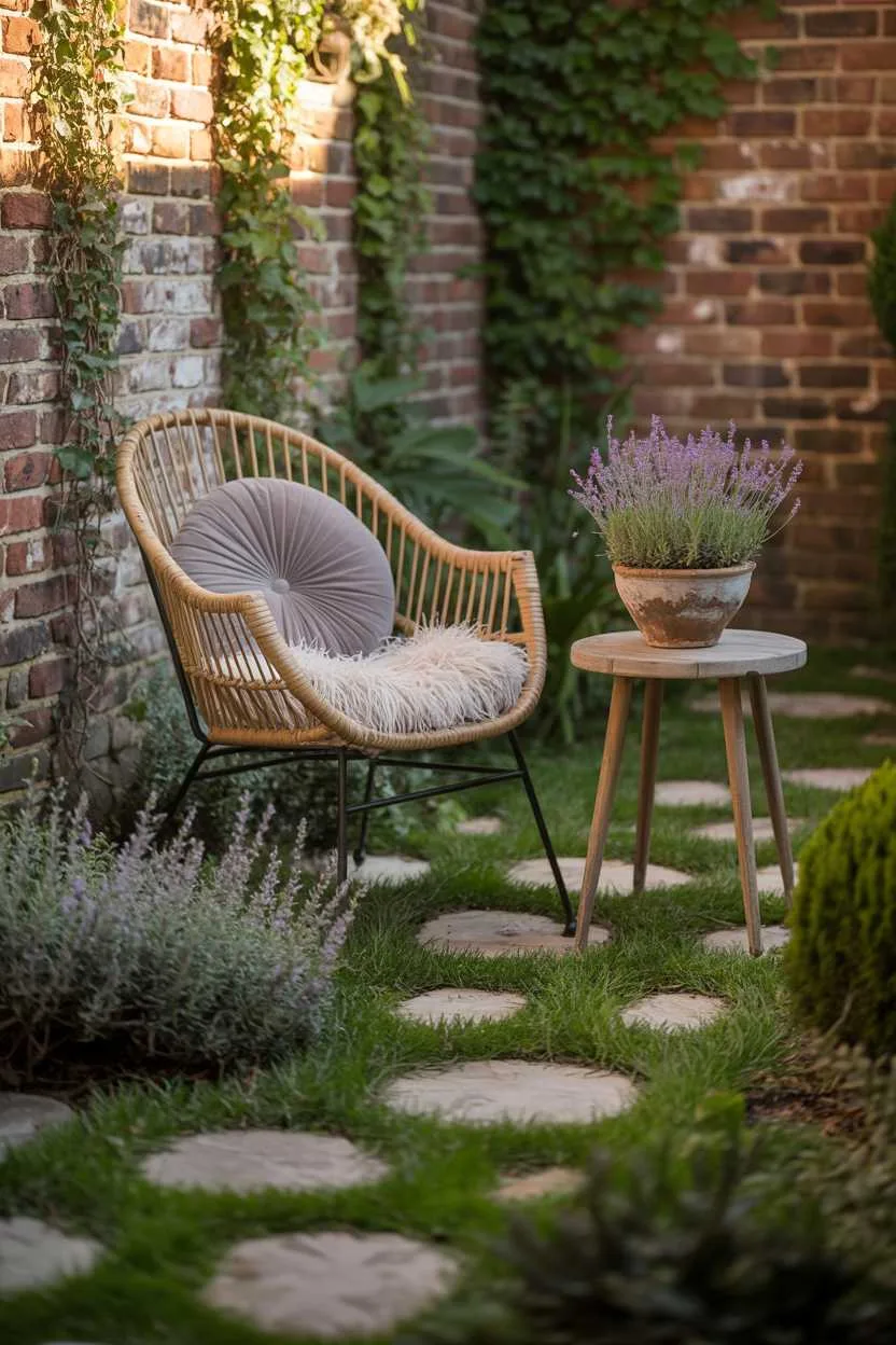 Weathered stone pathway through lush greenery, wicker chair with grey cushion, wooden table with purple lavender pot