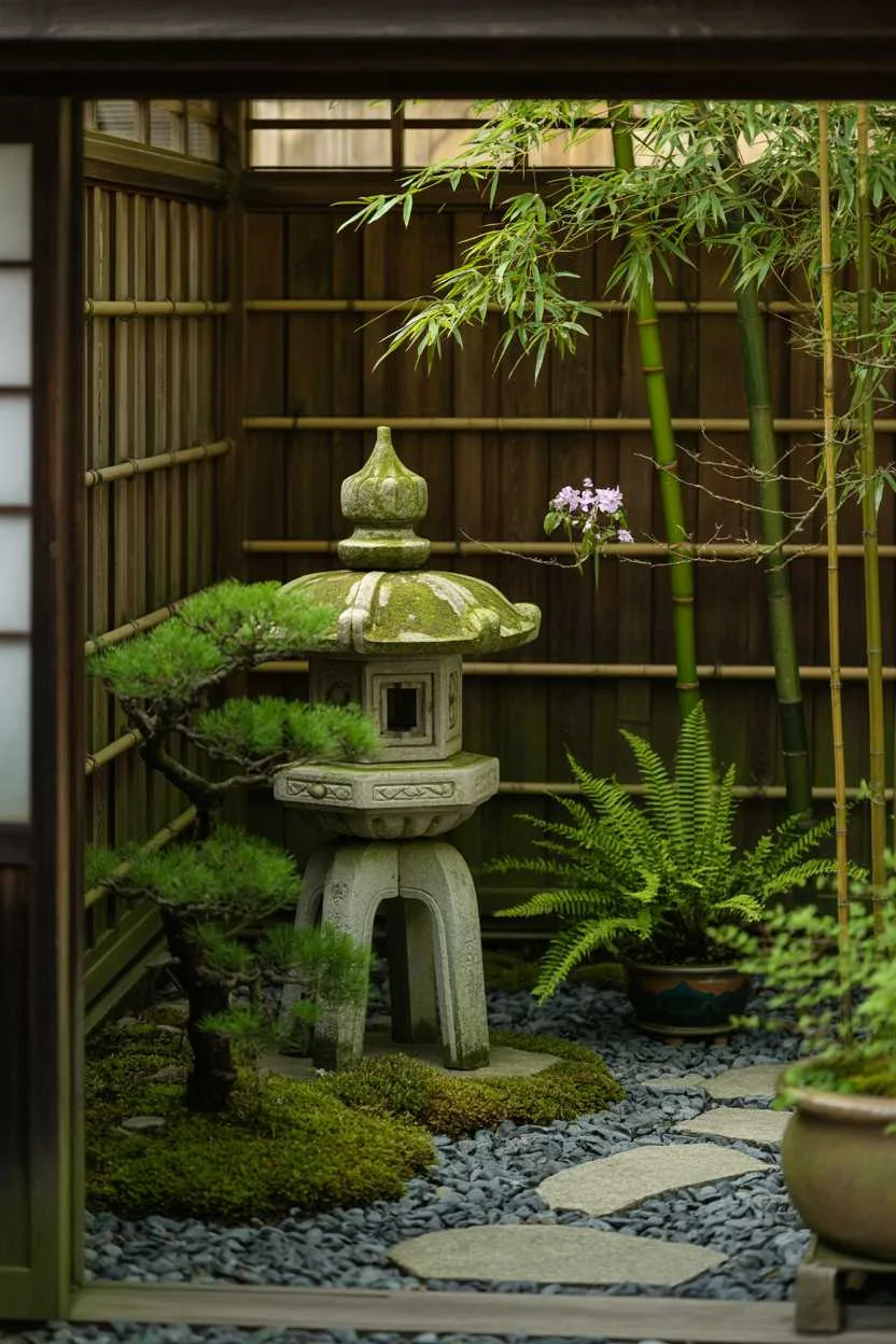 Moss-covered stone lantern surrounded by bamboo, raked gravel path, bonsai trees, traditional wooden fence