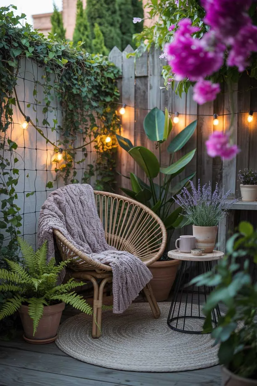 Rattan chair with knitted throw and ceramic mug, jasmine-covered trellis with string lights, trailing ivy and bougainvillea