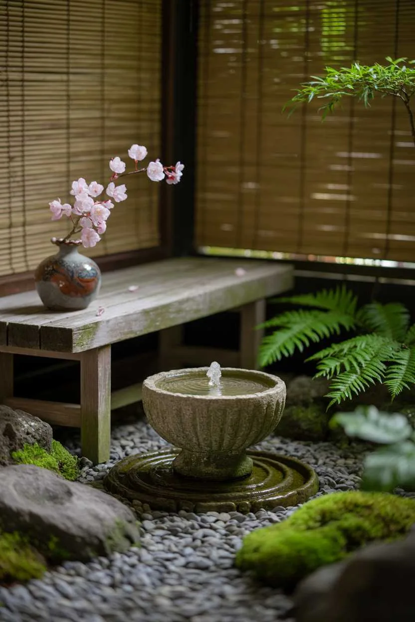 Small stone fountain with wooden bench, sakura blossom arrangement, moss-covered rocks, raked gravel path