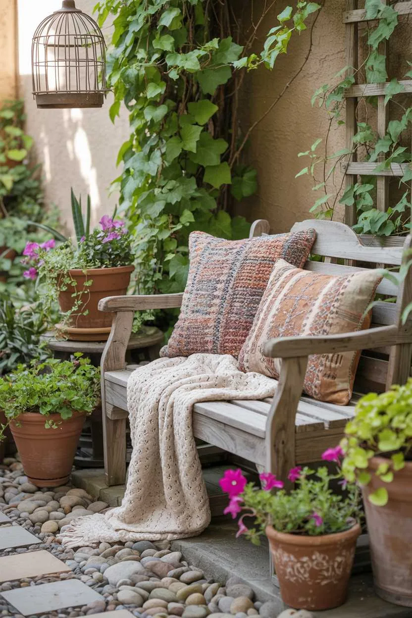 Weathered wooden bench with patterned earth-tone pillows, trailing ivy and petunias in terracotta pots, vintage birdcage