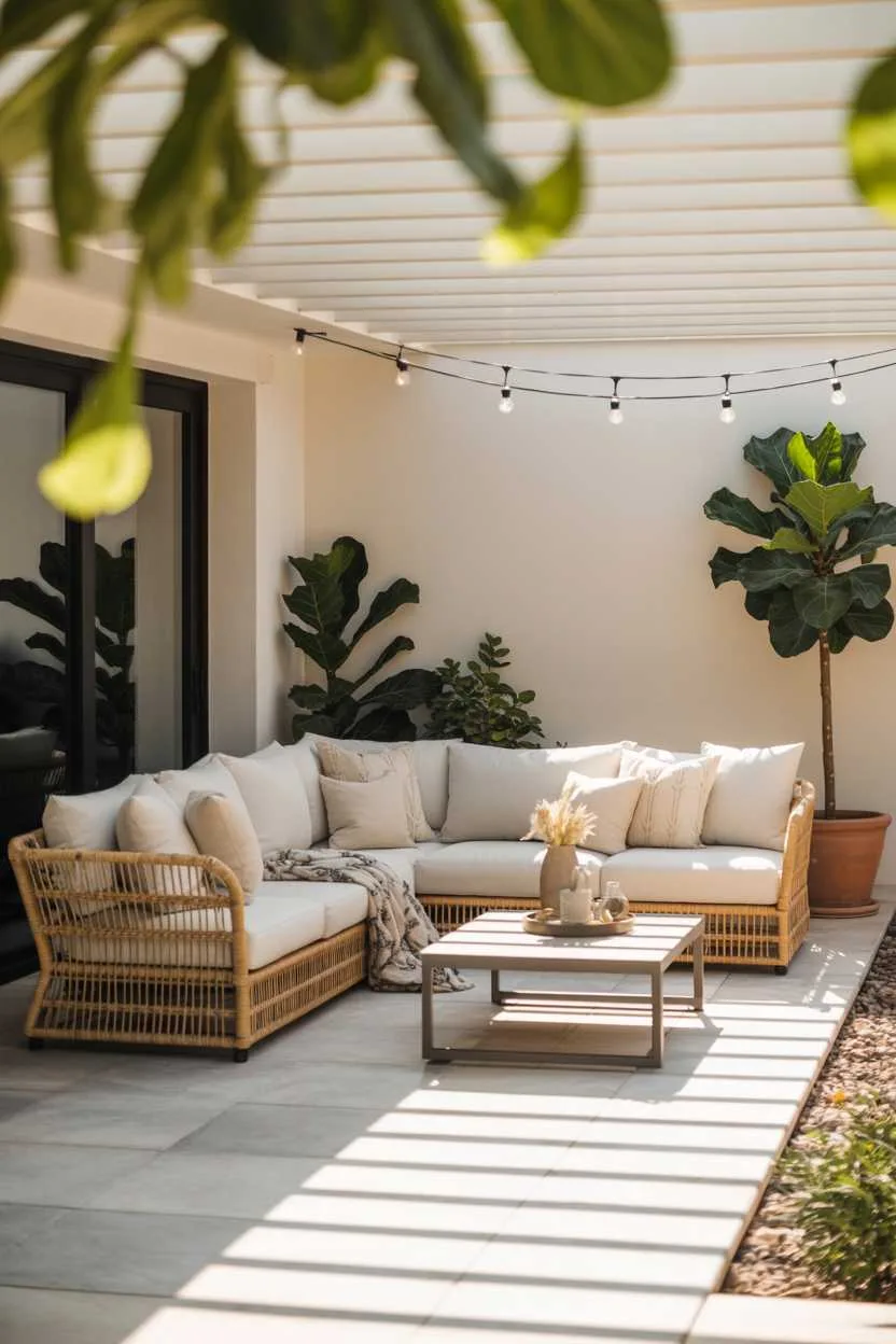 Rattan sectional sofa with cream cushions and fiddle-leaf fig on grey stone tiles