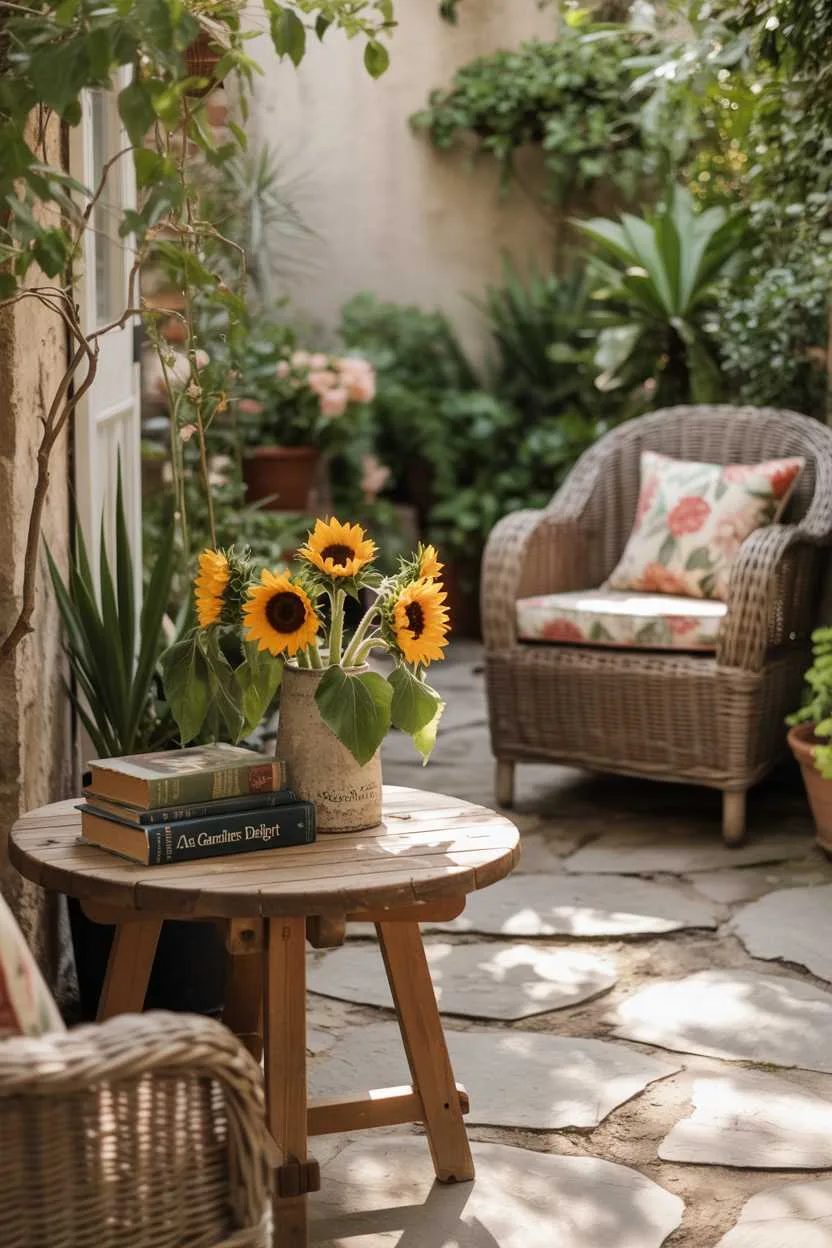 Rustic wooden table with sunflowers and vintage books on stone pathway leading to wicker chair