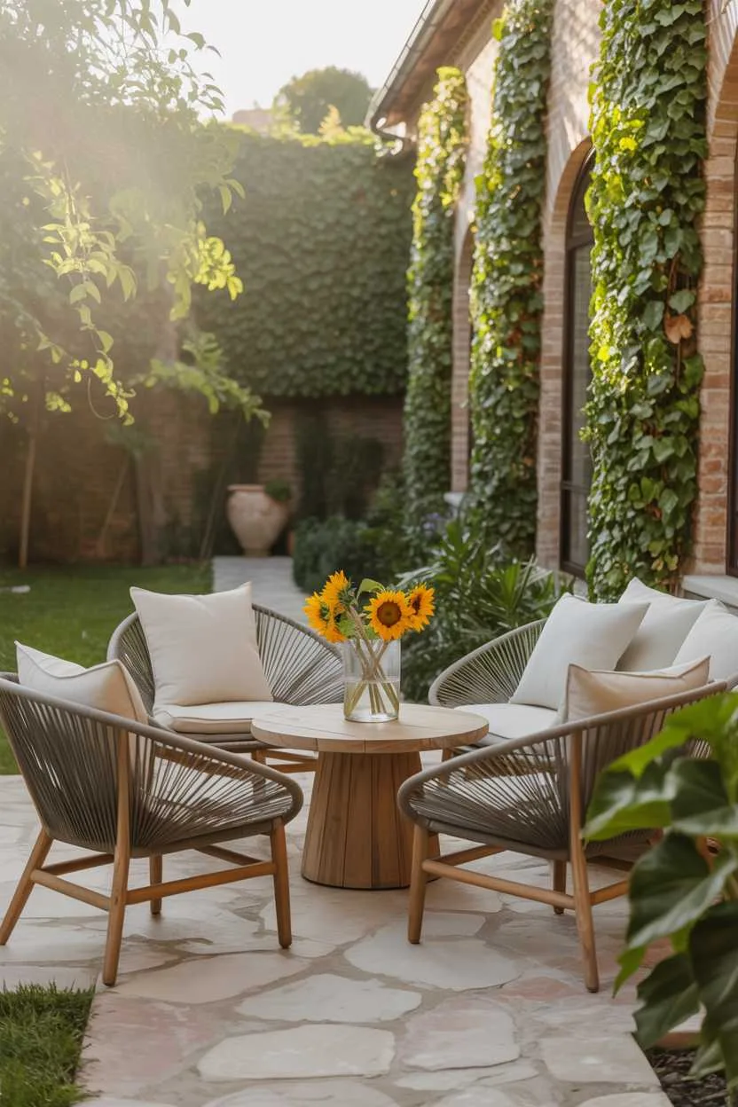Woven chairs around circular wooden table with sunflowers on stone pathway