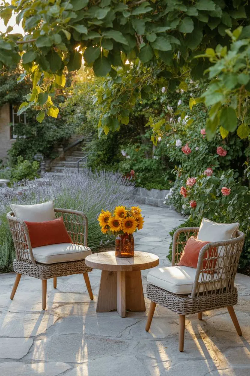 Rustic wooden table with sunflower bouquet between woven rattan chairs, lavender and climbing roses