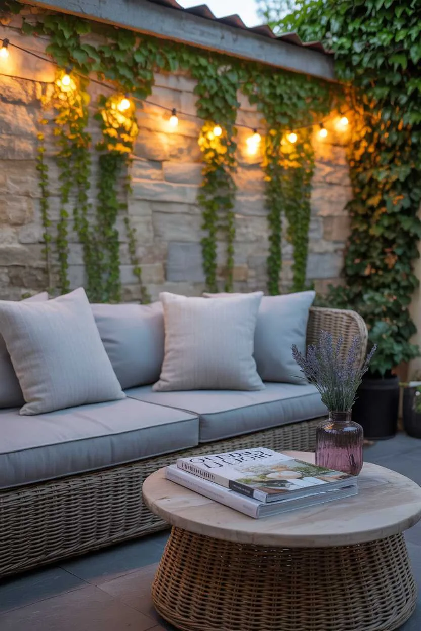 Wicker sofa with grey cushions, round wooden table with lavender and magazines, ivy wall