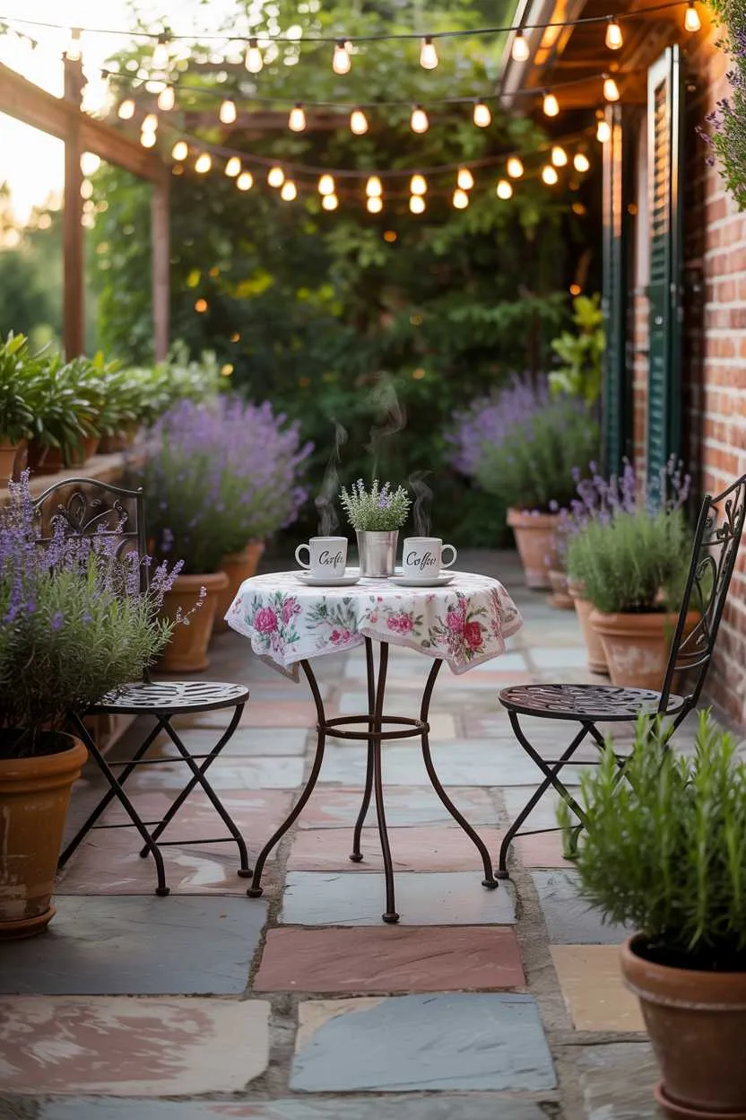 Circular wrought-iron table with floral tablecloth and steaming mugs, potted lavender and rosemary