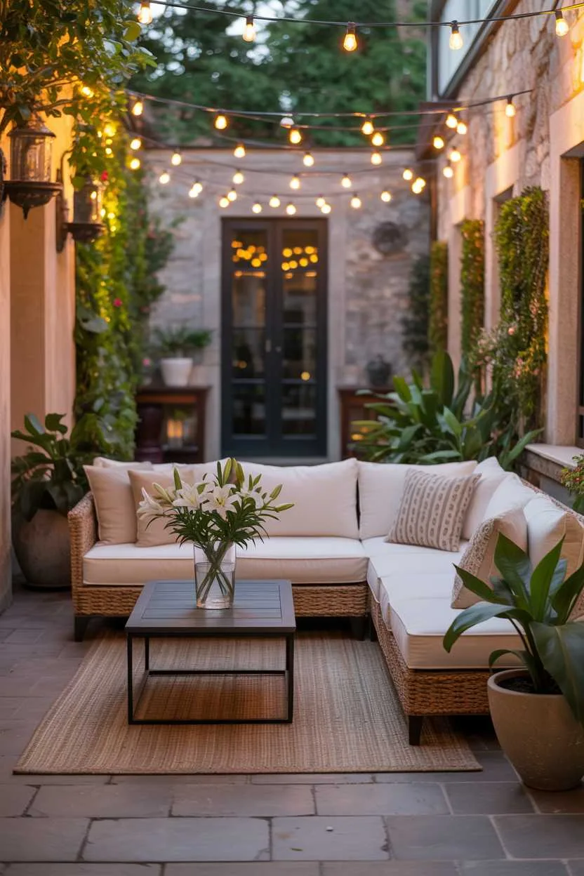 Cream sectional sofa with patterned pillows on woven rug, dark wood coffee table with white lilies