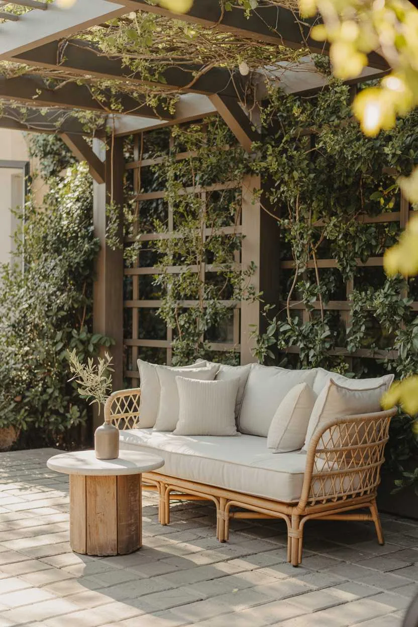 Rattan sofa with cream cushions, reclaimed wood side table with olive branch vase, grey stone tiles under jasmine pergola