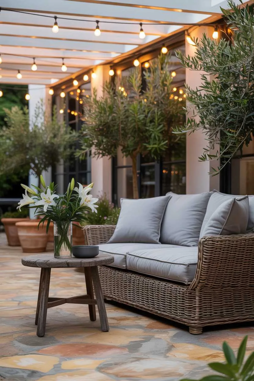 Wicker sofa with grey cushions, rustic wooden table with white lilies, potted olive trees under string lights