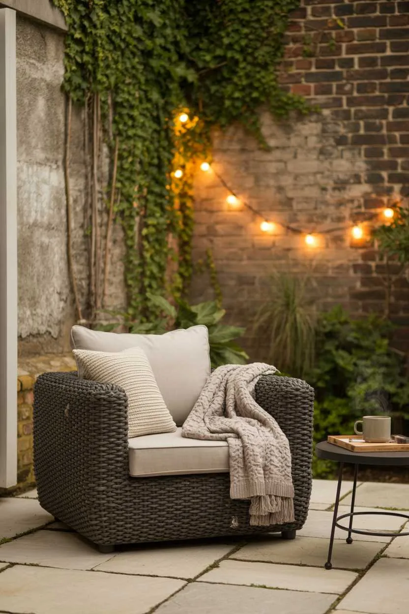 Charcoal grey woven armchair with cream cushions and knitted throw, steaming mug on side table