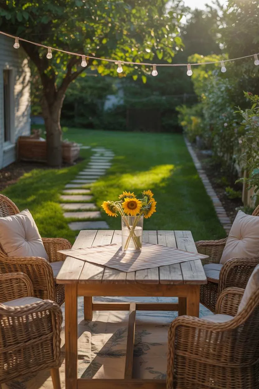 Rustic wooden table with checkered tablecloth and sunflowers, wicker chairs with cushions, fairy lights overhead