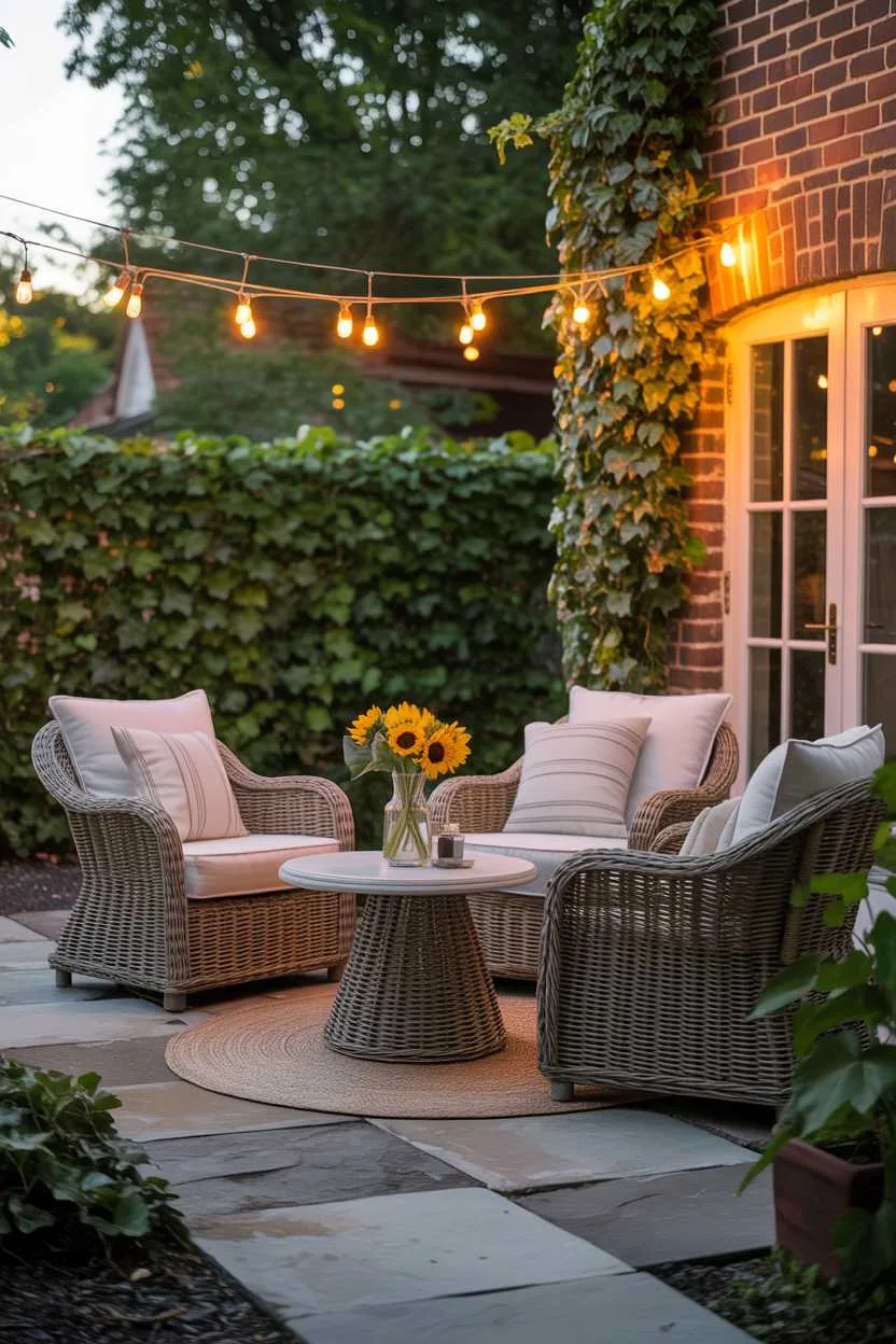 Wicker furniture around circular table with sunflower bouquet on flagstone pavers, ivy-covered brick wall