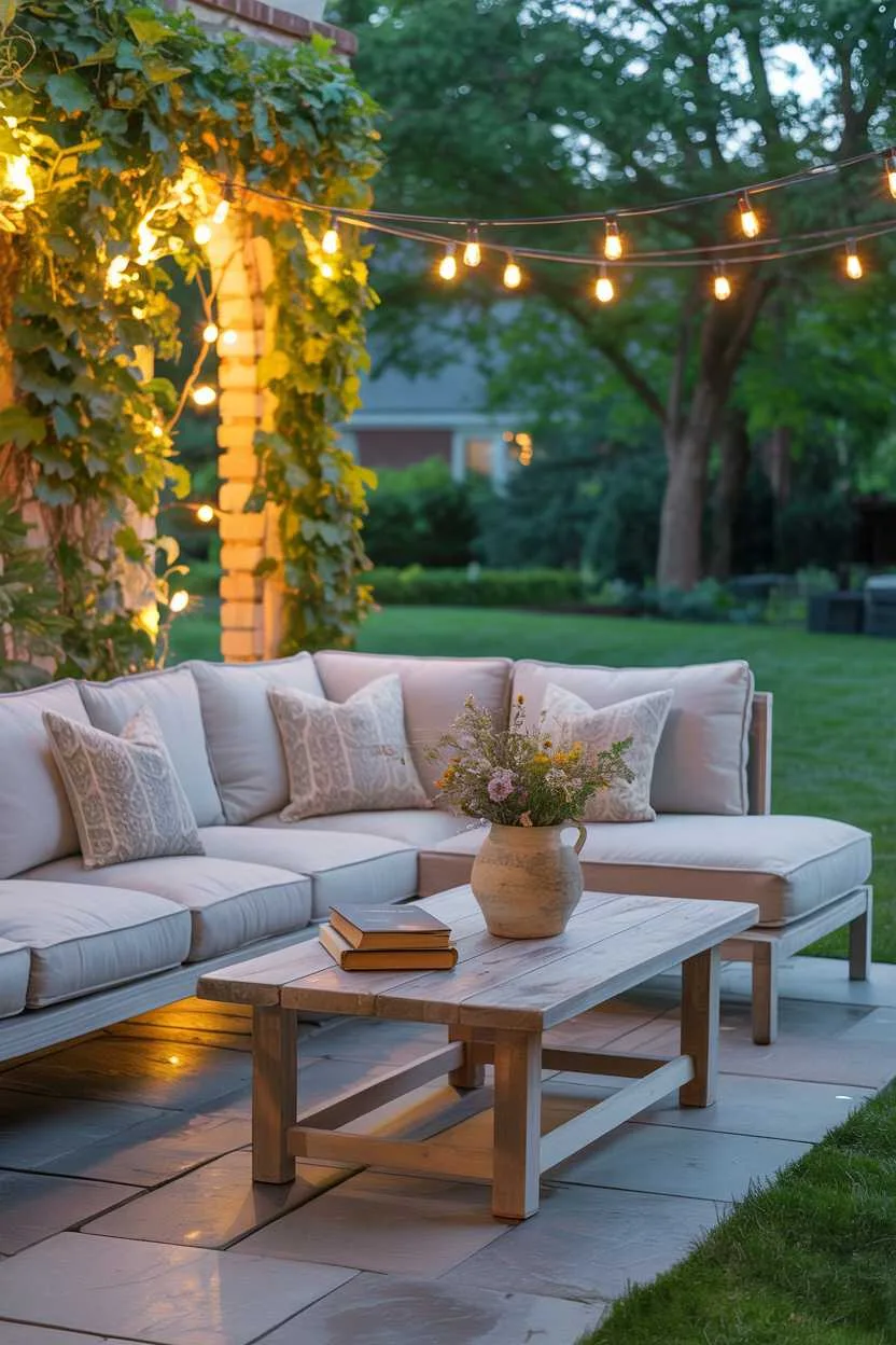 Light gray sectional sofa with patterned pillows on stone patio, wooden coffee table with wildflower bouquet