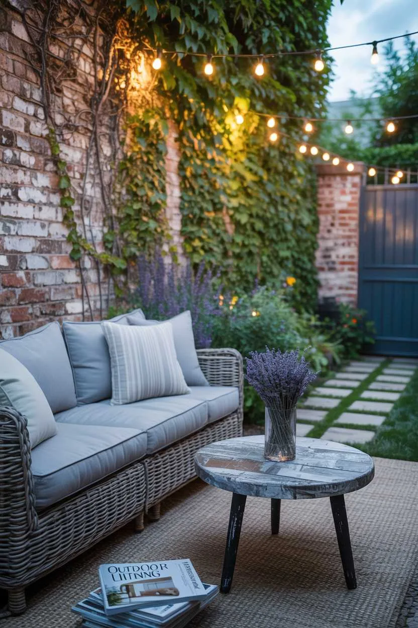 Wicker sofa with gray cushions, reclaimed wood coffee table with lavender and design magazines