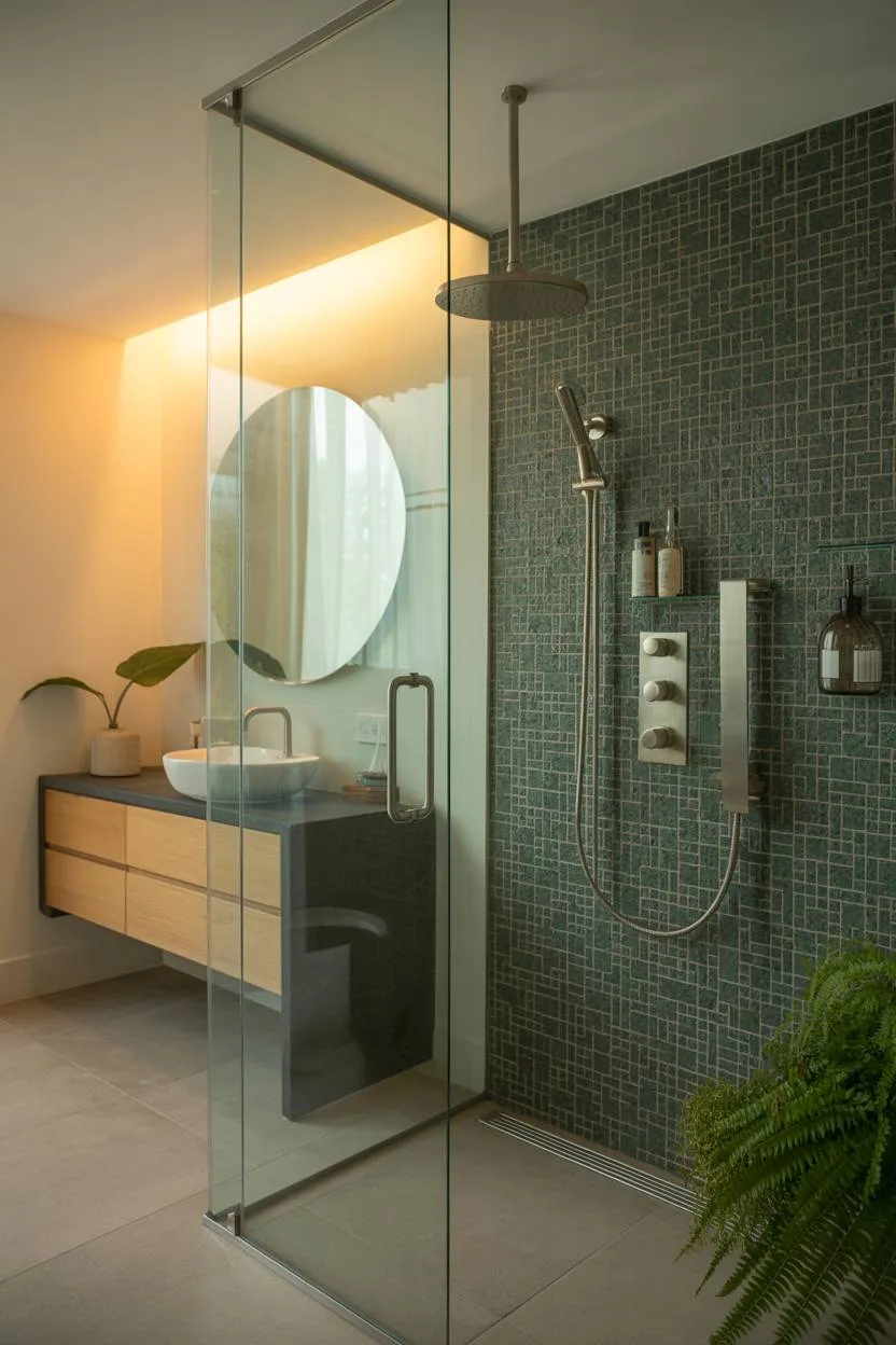 Modern bathroom with dark green mosaic shower tiles and brushed nickel fixtures