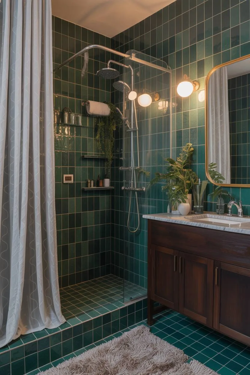 Bathroom with emerald green tiles and geometric shower curtain