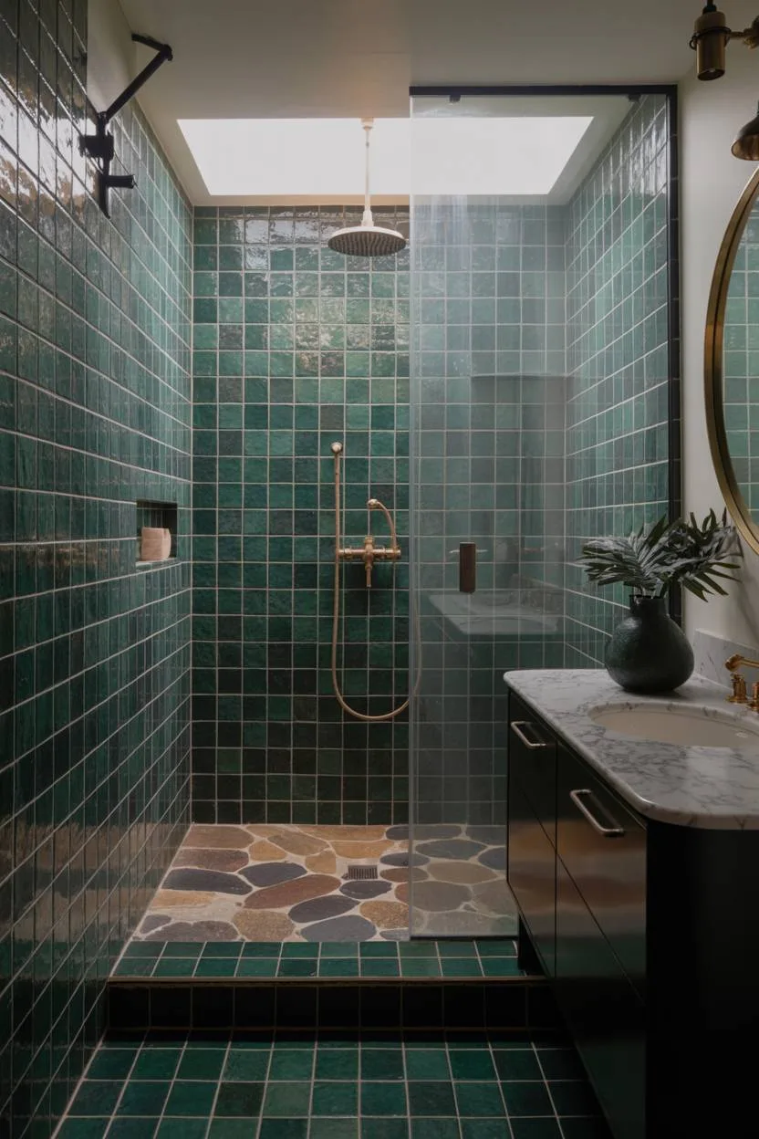 Spa-inspired bathroom with dark green tiles and natural stone shower floor