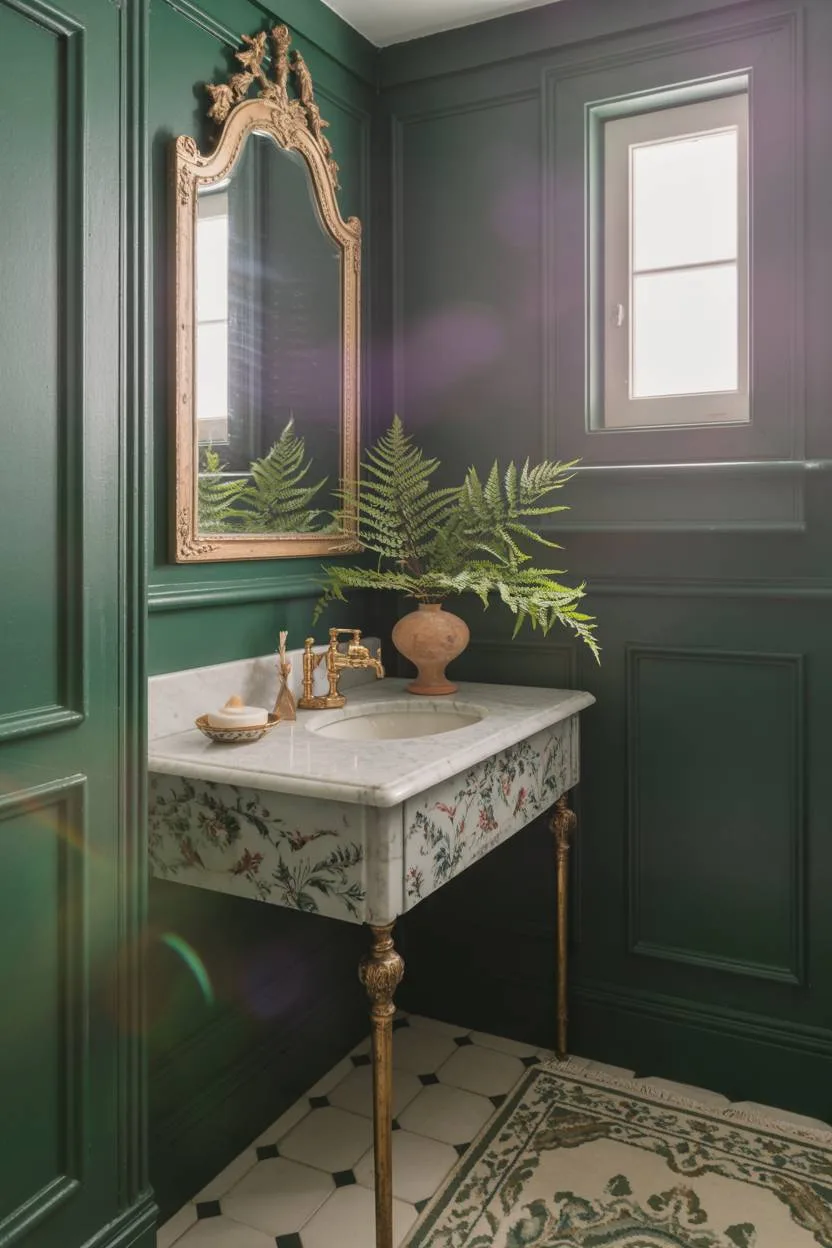 Cozy half bathroom with dark green walls and gold fixtures