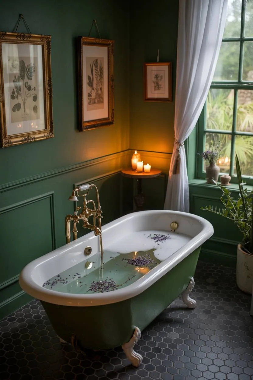 Small bathroom with forest green walls and clawfoot tub with brass fixtures