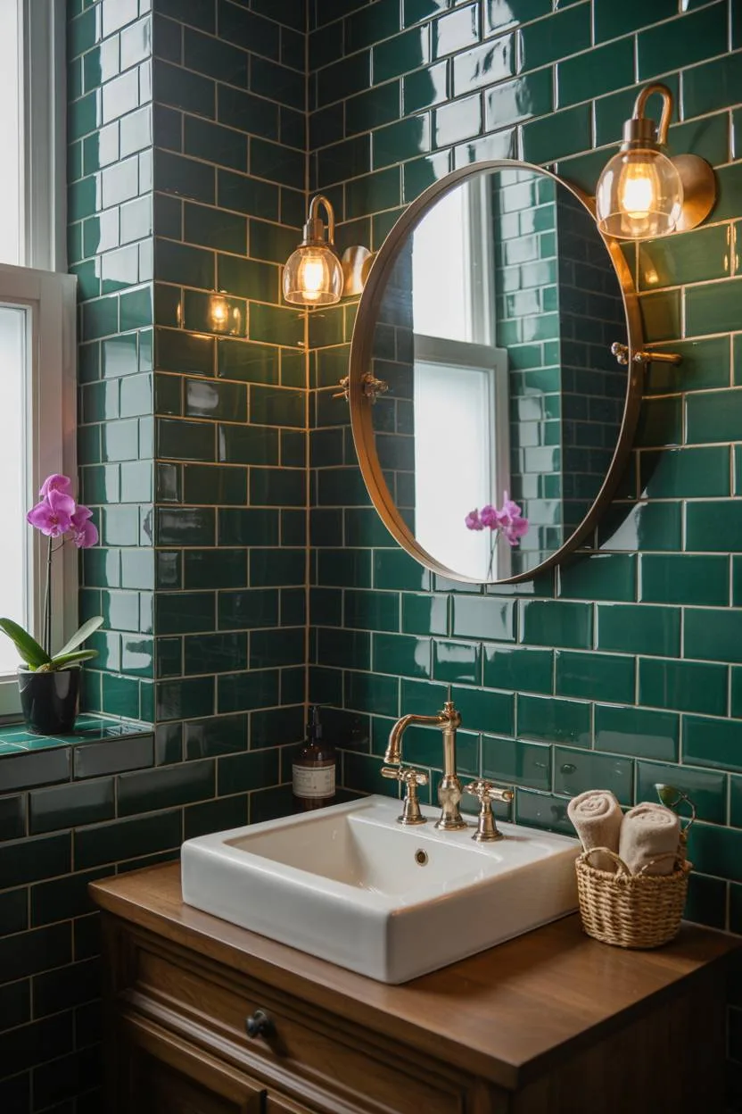 Half bathroom with emerald green subway tiles and brass fixtures
