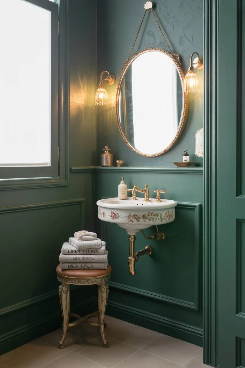 Half bathroom with deep green walls and antique brass oval mirror