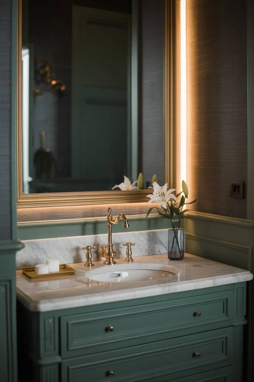 Bathroom vanity in dark green with marble countertop and gold mirror
