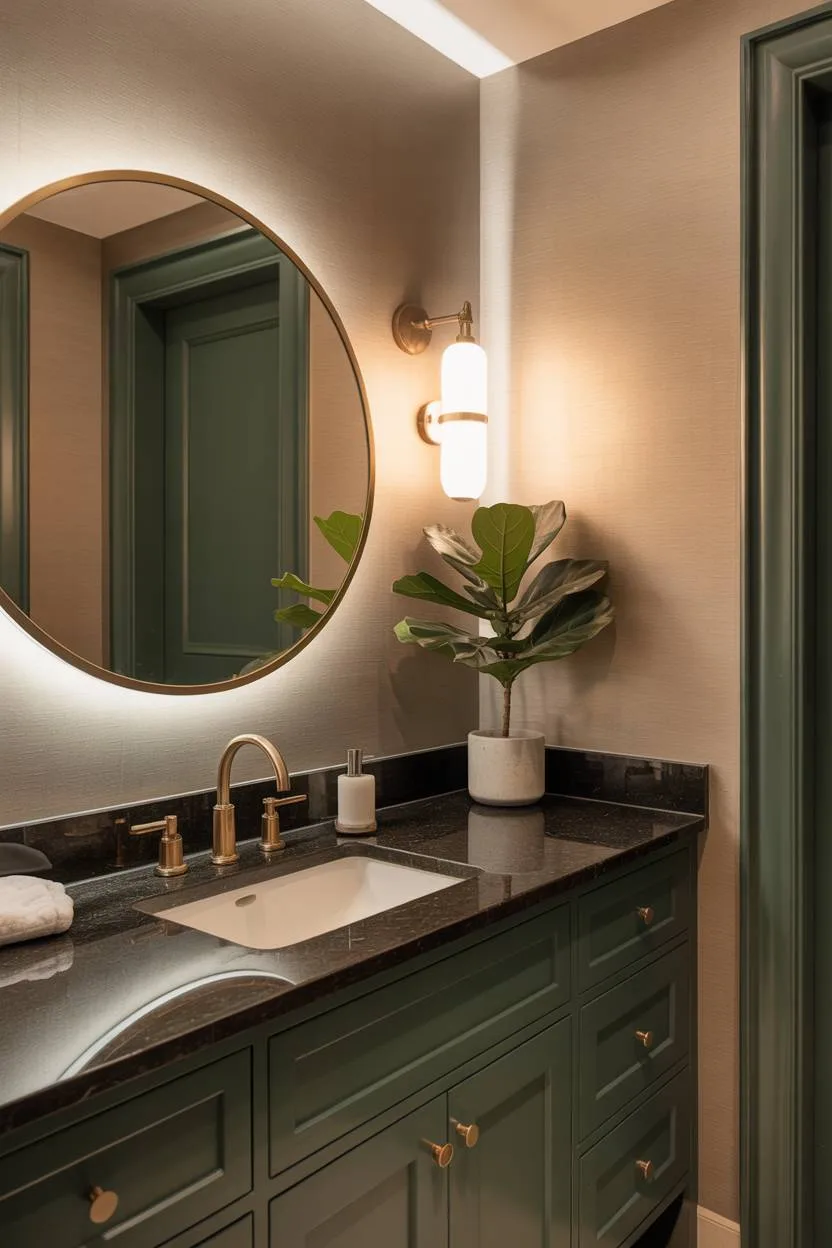 Modern dark green vanity with granite countertop and round mirror