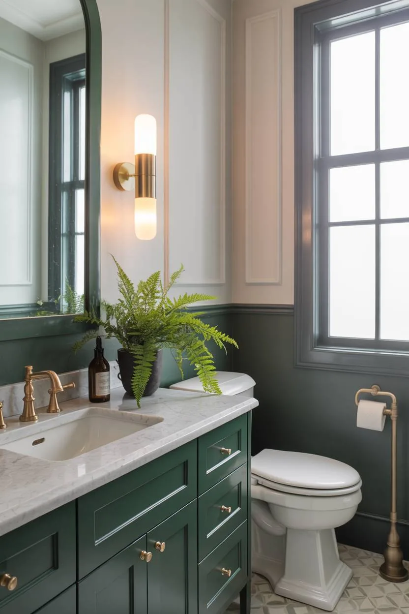 Modern bathroom with dark green accents and white geometric wall patterns