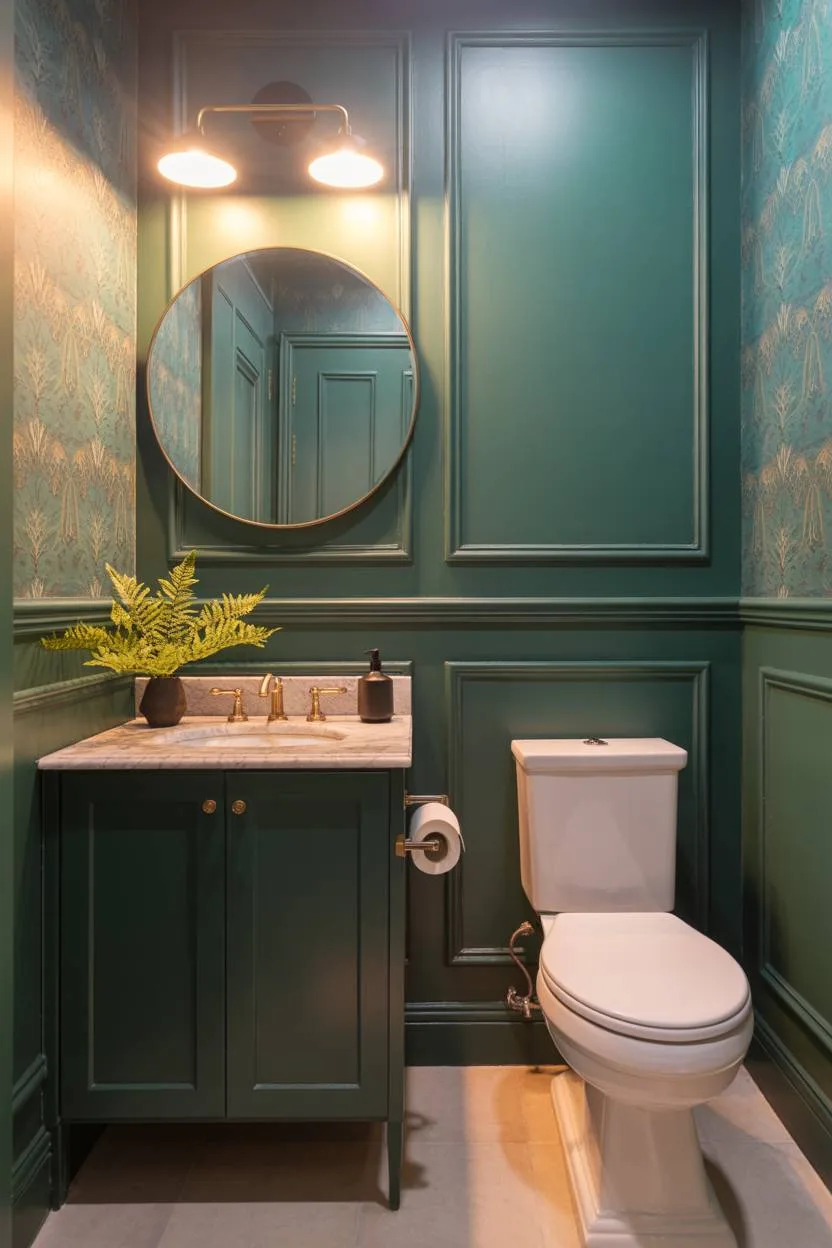 Half bathroom with dark green walls and geometric teal wallpaper