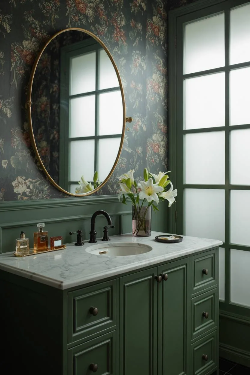 Dark green vanity with oval brass mirror and antique perfume bottles