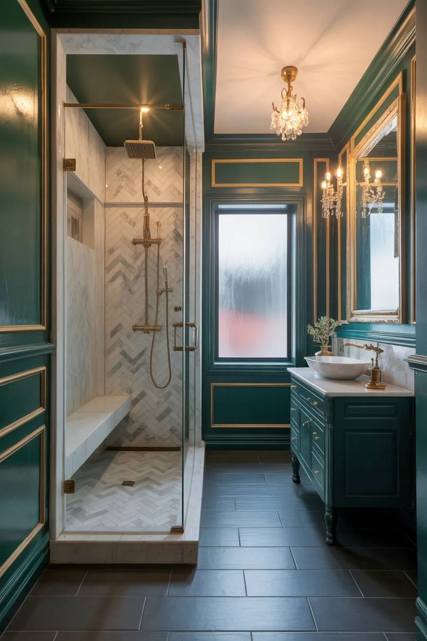 Luxurious bathroom with emerald green walls and gold trim accents