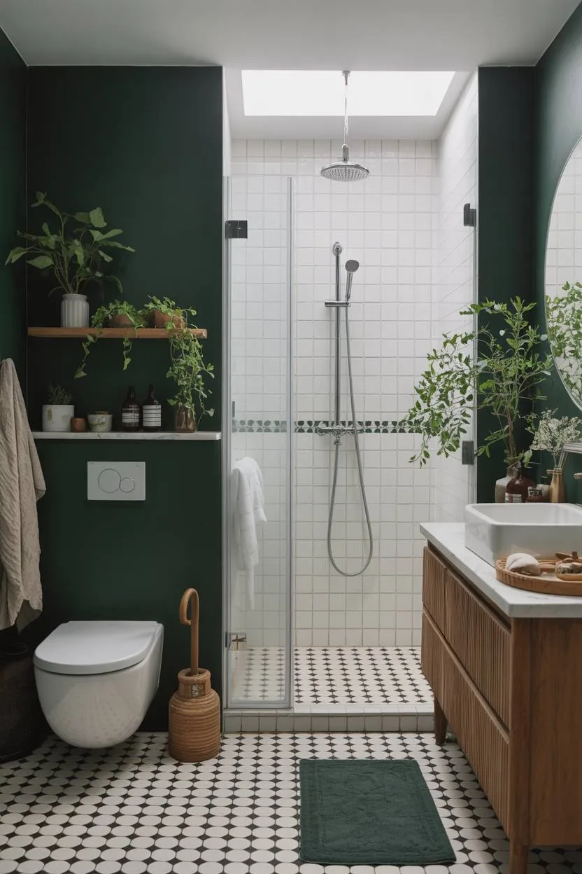 Luxury bathroom with forest green walls and black and white hexagonal tile flooring